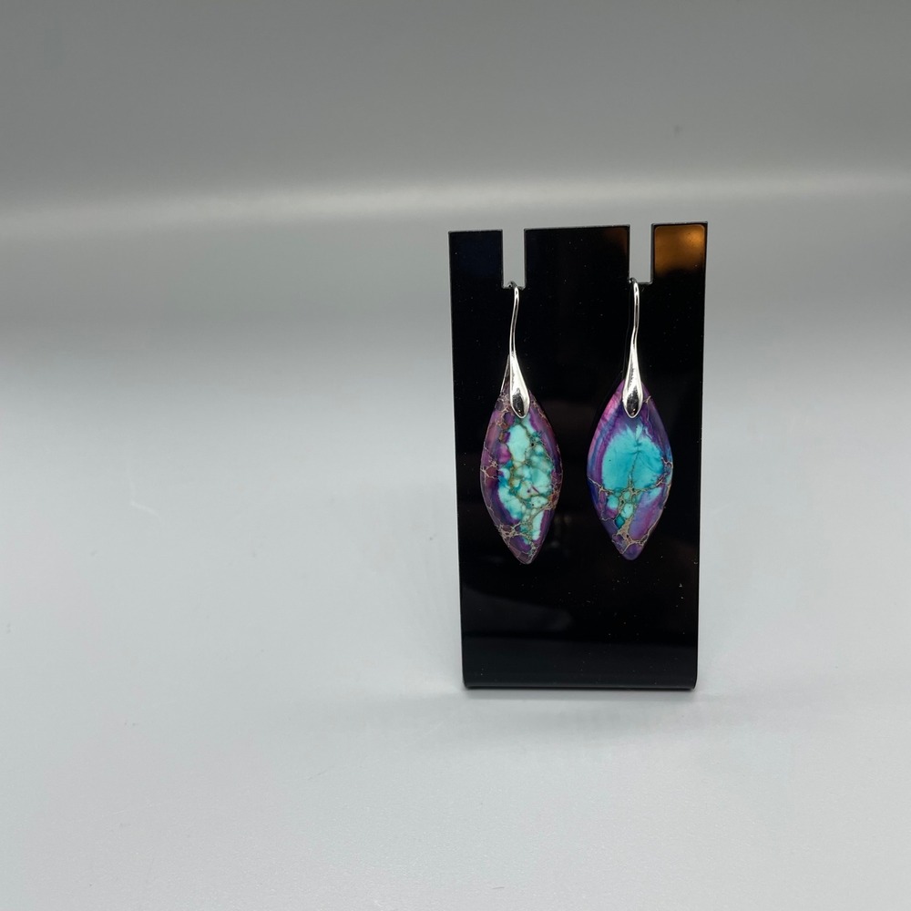Purple Turquoise Sea Sediment Jasper Marquise Drop Earrings Silver Tone Boho